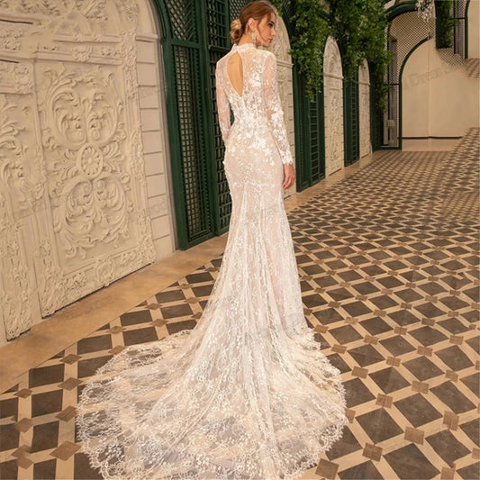 Вишукані весільні сукні для жінок 2024 оболонка русалки мережива аплікації високої шиї весільна сукня повні рукави Vestidos de novia