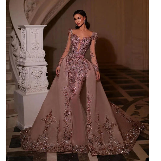 Elegante abito da ballo viola per donne perle a maniche lunghe di lusso Appliques pavimenti in cristallo abiti da sera lunghezza