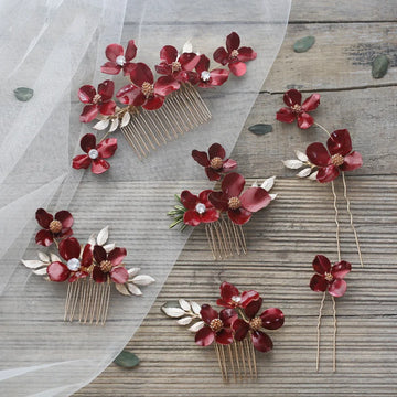 Wedding Accessories Red Flower Hair Comb Pin Clip Leaf Hairpin For Brides Bridesmaids Women Girl Head Pieces Bridal Jewelry