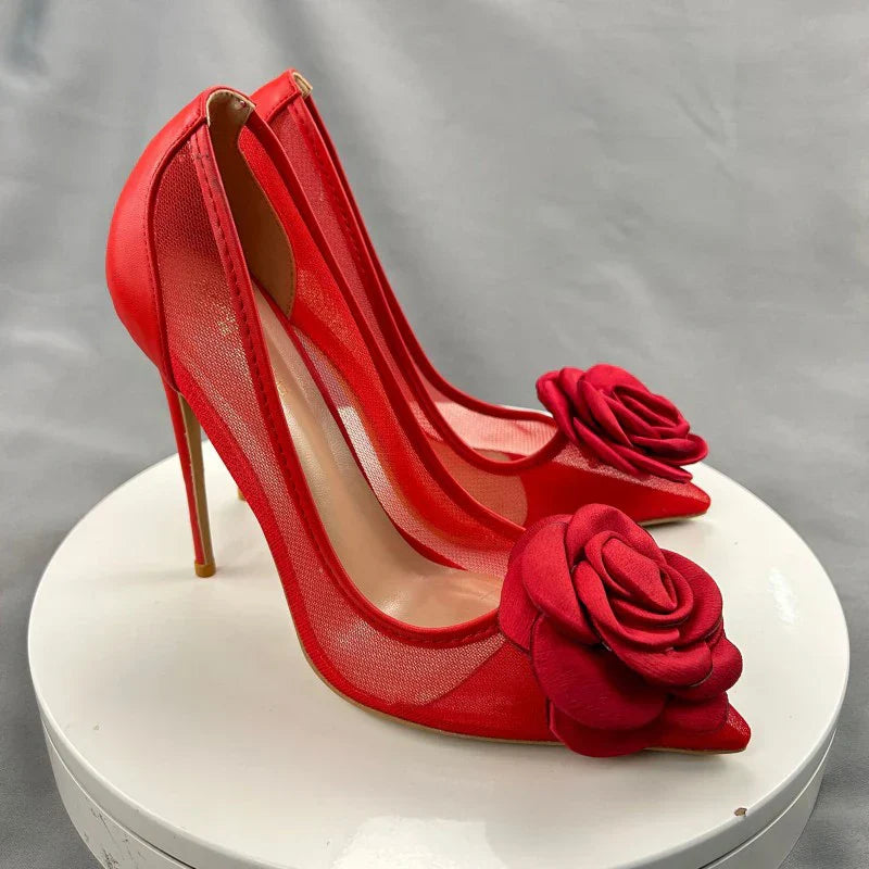 Women red mesh gauze pointed toe flower stiletto high heels elegant party pumps 8cm 10cm – Pollyanna Events