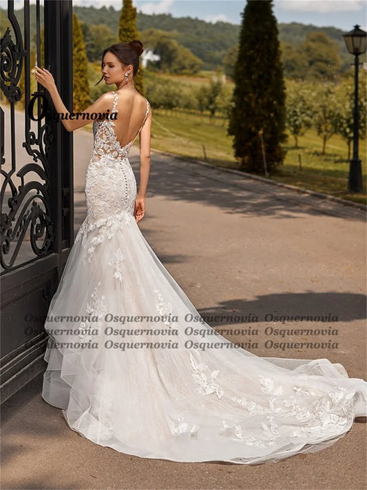 Vestidos de noiva de sereia clássica de Osquernóvia para mulheres em camadas, apliques de renda de coração em camadas Robe de mariee para noivas personalizadas