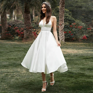 Elegant Simple Spaghetti Straps Satin Short Wedding Dress for Women A-Line Tea Length Bride Gown Beach Vestidos De Novia