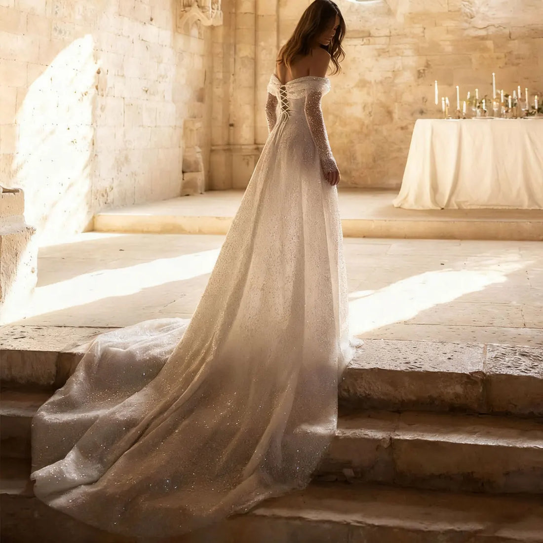 Luxury Beaded Sparkly Lace Wedding Dress Off Shoulder Bridal Party Gown For Women Long Sleeve Ball Gown With Train Vestido Novia