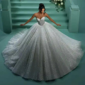 Customized Glitter Tulle Wedding Dresses Strapless Princess Sequins Pearls Bridal Gown Backless Sparkly Vestidos De Novia
