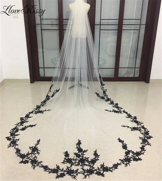 Véu de casamento para apliques de renda preta longa e longa Floral elegante véu de noiva Catedral Bride Branca Velos de Novia 300cm