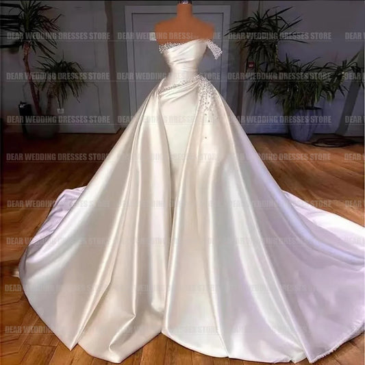 Vestidos de noiva de sereia de trens destacáveis ​​de luxo para mulher sexy pérola cetim formal elegante partido de noiva vestido de mariée 2024