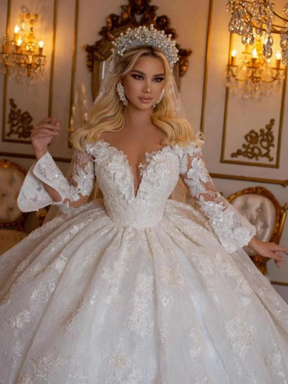 Luxury ball gown deep V-neck sequins lace bridal dress Dubai elegant wedding dress vestidos de novia custom – Pollyanna Events