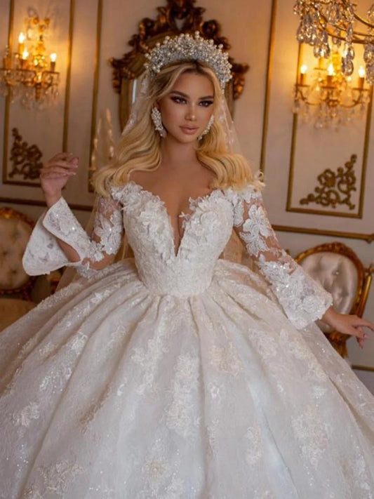 Robes de mariée de robe de bal de luxe Sequins de cou de profondeur V couche en dentelle Robe nuptiale élégante Dubai Bride Vestidos de Novia 2024 Custom