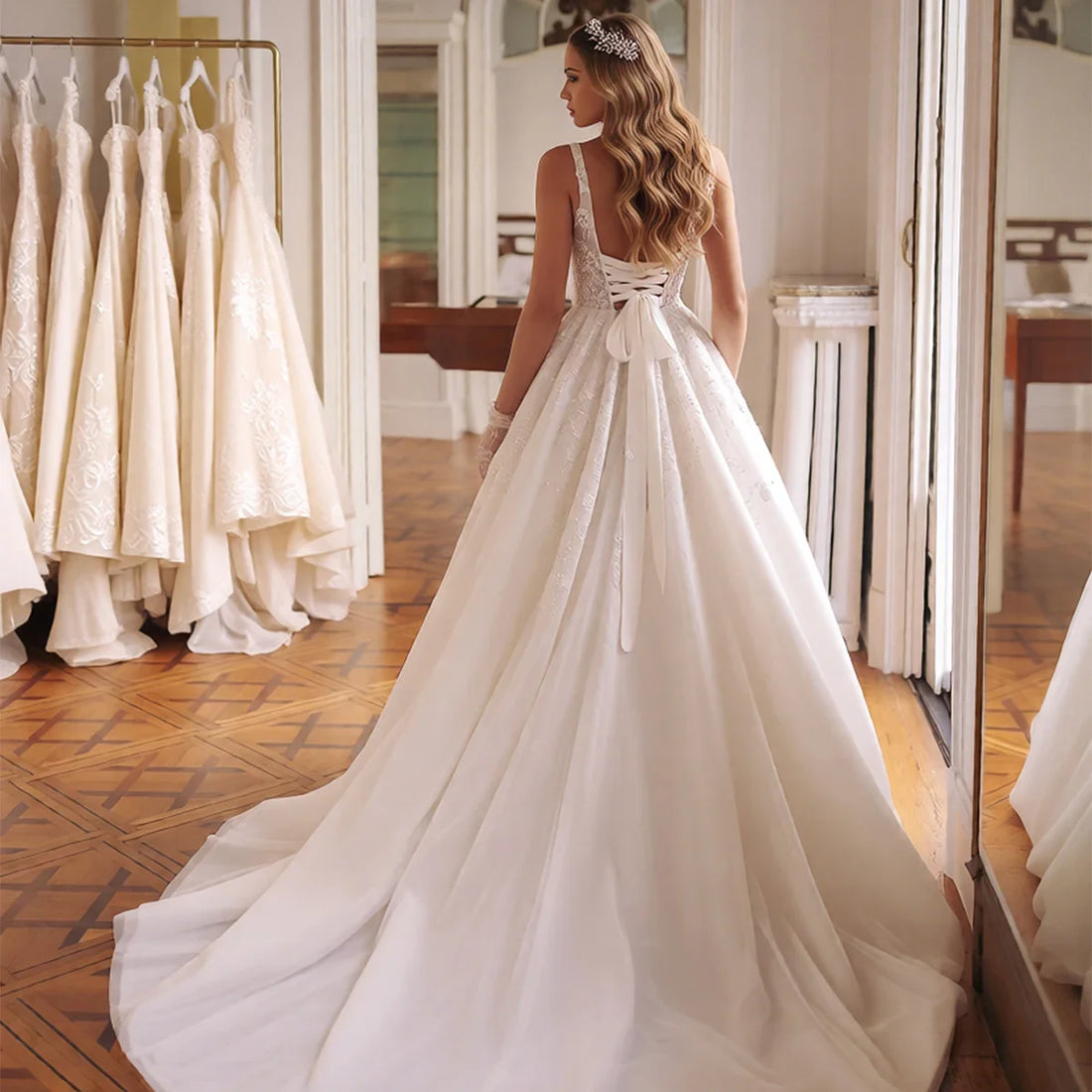 Luxury V Neck Appliques Lace Ball Gown Wedding Dresses For Bride Vestidos Novia Long Puffy Tulle Bridal Party Gown For Women