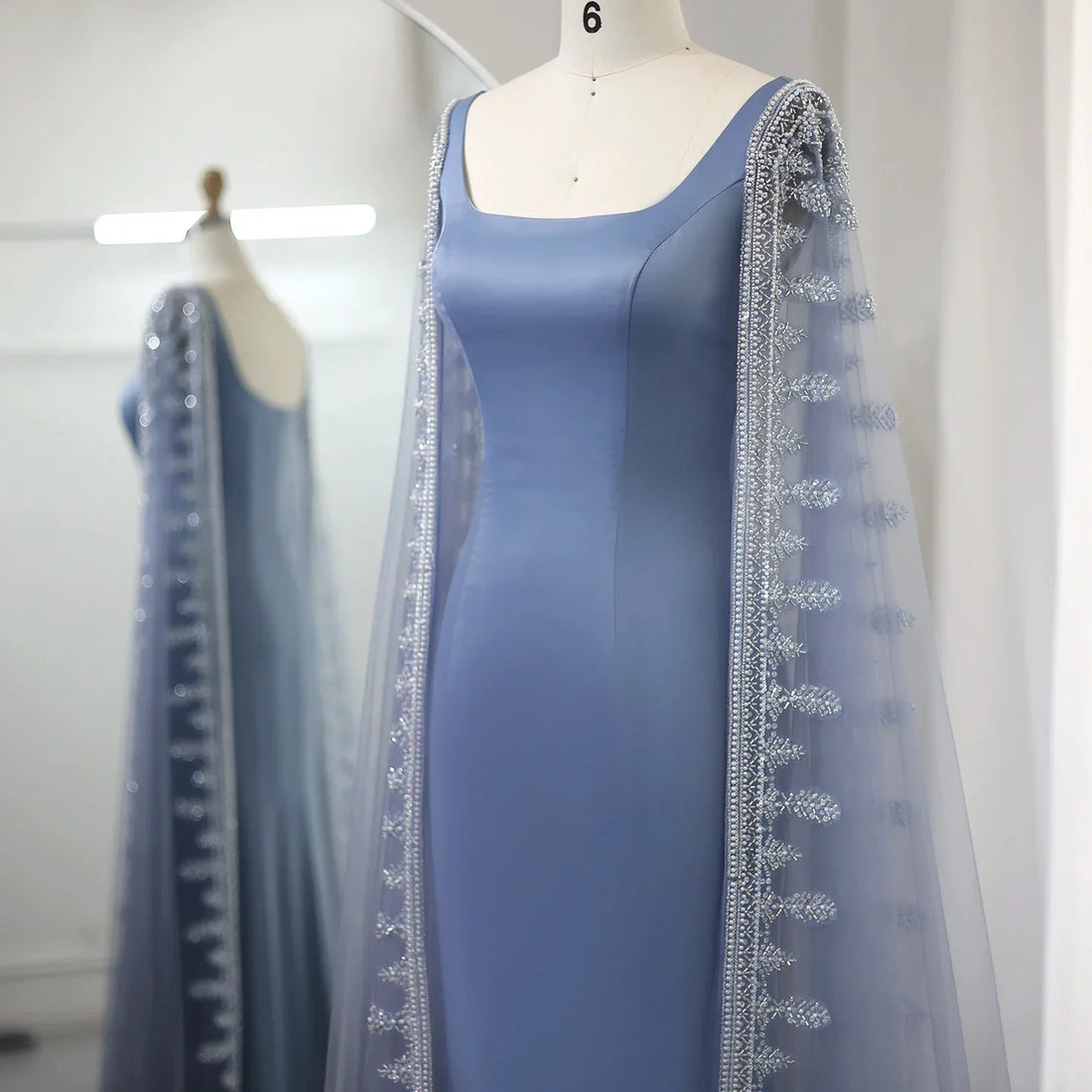 Luxury Blue Mermaid Dubai Evening Dresses with Cape Sleeves Sage Green Elegant Arabic Women Wedding Party GownsSS445
