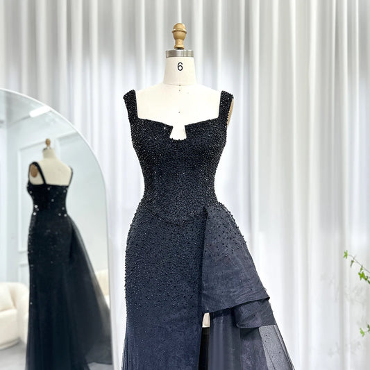 Sharon Said Luxury Beaded Black Dubai Evening Dress for Woman Square Collar Wedding Party Arabic  Formal Dress Prom Gown SS385