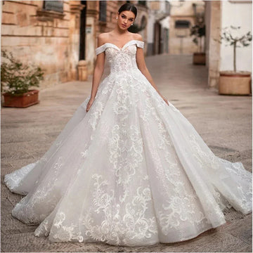 Customized  Elegant Off Shoulder Wedding Dress Sexy Sweetheart collar Sleeveless Lace Bridal Dress Floor Length Ball Gowns