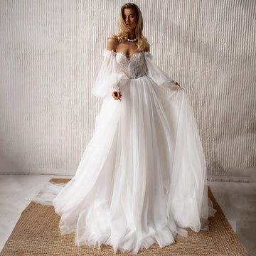 Romantic Beaded Tulle Lace Wedding Dresses Long Sleeve Ball Gown For Bride Blackless Puffy Bridal Gown For Women Vestidos novia