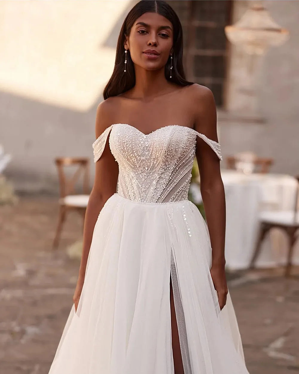 Bohemian A line Wedding Dress Princess Backless Boho High Slit Bridal Gown Off Shoulder Lace Tulle Brides Dress Customized