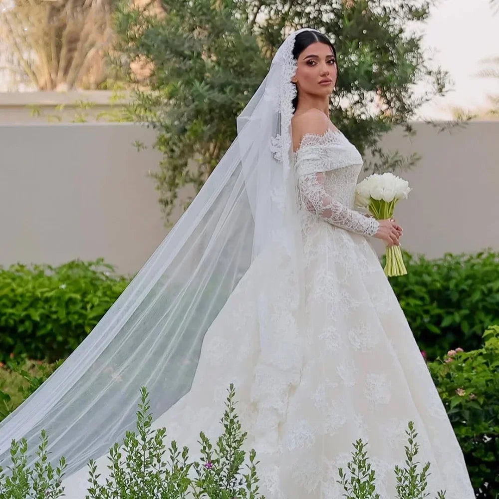 Customzied Romantic Lace A-Line Boat-Neck 2025 Wedding Dress Off Shoulder Backless Court Train Long sleeves Bride Dress
