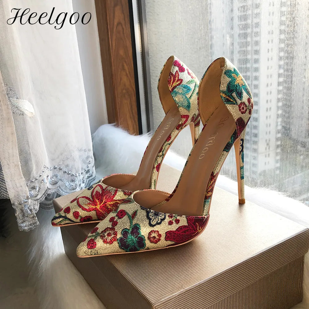 HEELGOO Flower Imprimé Femmes Gold Toe Pointy Toe d'Orsay High Heel Wedding Shoes Bridal Sexy Ladies Party Stiletto Pumps Taille 33-46