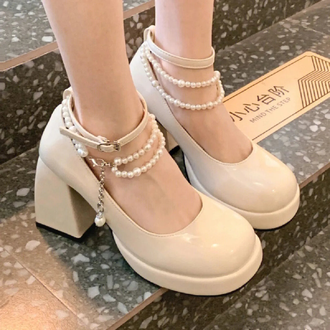 2024 Spring Summer New Ladies High Heels Luxury Elegant Pearl Square Toe Women's Sandals Fashion Patent Leather Mary Jane Shoes