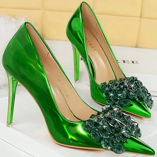 Women 10.5cm High Heels Pumps Bling Glossy Leather Blue Green Red Pointed Toe Crystal Stiletto Heels Lady Nightclub Event Shoes
