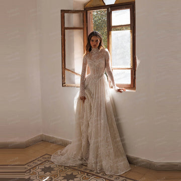 Simple Wedding Dresses A Line Woman's Sexy Lace Shiny Long Sleeve Bride Gowns Formal Appliques 2025 Customized Vestidos De Novia