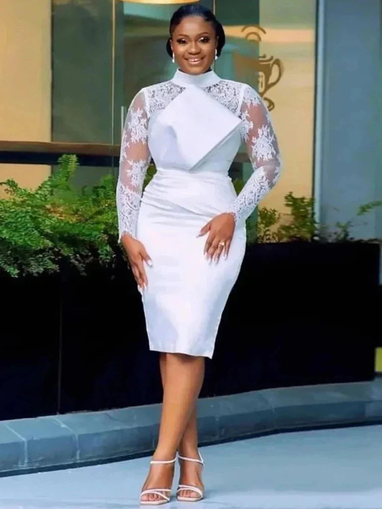Aso Ebi short high neck lace long illusion sleeves sheath bride party gown 2026 – Pollyanna Events