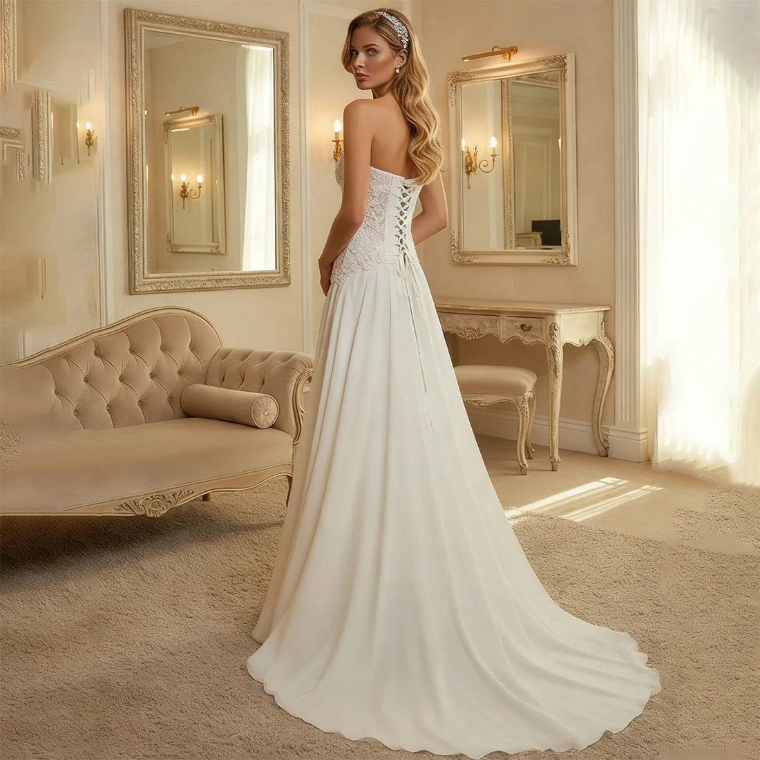 Elegant Chiffon Sweetheart Wedding Dress For Women Vestidos Novia Lace Long Ball Gown With Train Backless Bridal Party Gown