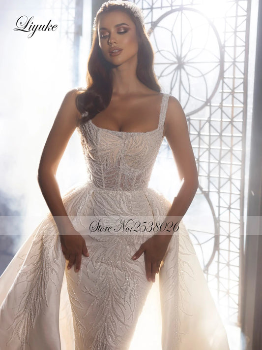 Liyuke Stunning Square Collar 2 In 1 Mermaid Wedding Dresses Luxury Beading Pearls Embroidery Lace Spaghetti Straps Bridal Gown