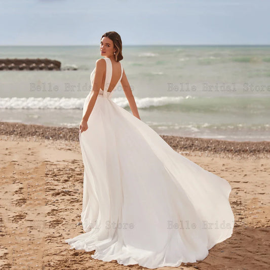 Beach Chiffon Wedding Dresses V Neck Sleeveless Bridal Gowns Lace Pleat Backless Floor Length A-Line Vestidos De Novia 2024