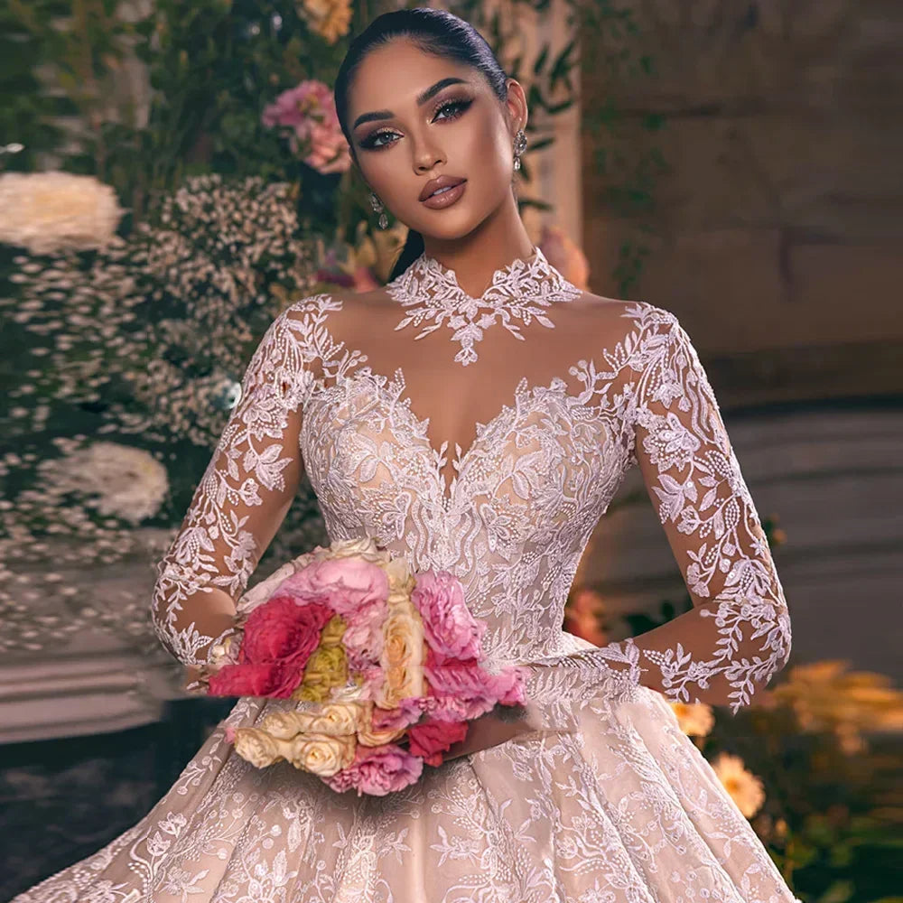 Customized Long Sleeve Ball Gown Wedding Dresses 2026 O-Neck Princess Illusion Bridal gown Luxury Robe Mariage Vestidos Novia