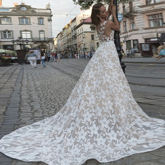 Sexy hermosa una línea vestidos de novia nuevos apliques clásicos de encaje ilusión vestidos de novia tren sin mangas en el tren para fiesta formal