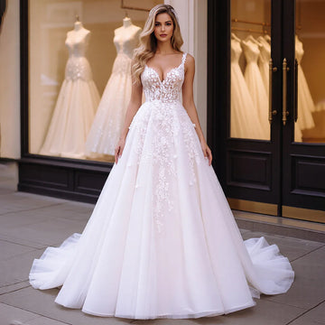 Luxury V Neck Appliques Lace Ball Gown Wedding Dresses For Bride Vestidos Novia Long Puffy Tulle Bridal Party Gown For Women