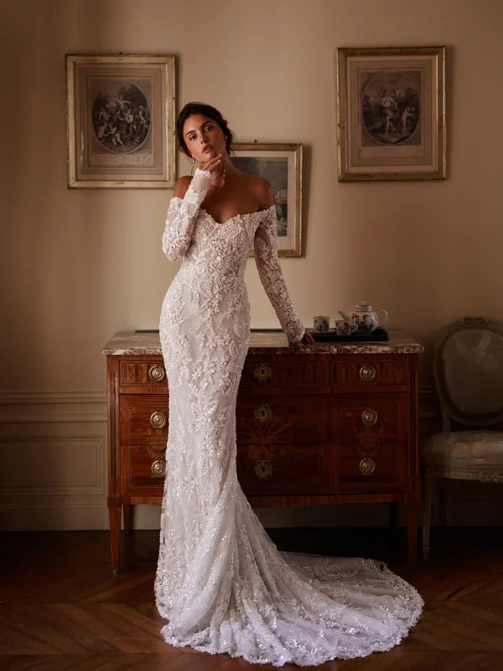 Customized Beaded Lace Mermaid Wedding Dress Long Graceful Off Shoulder Bridal Gown Exquisite Shiny  Dress  Vestido De Noiva