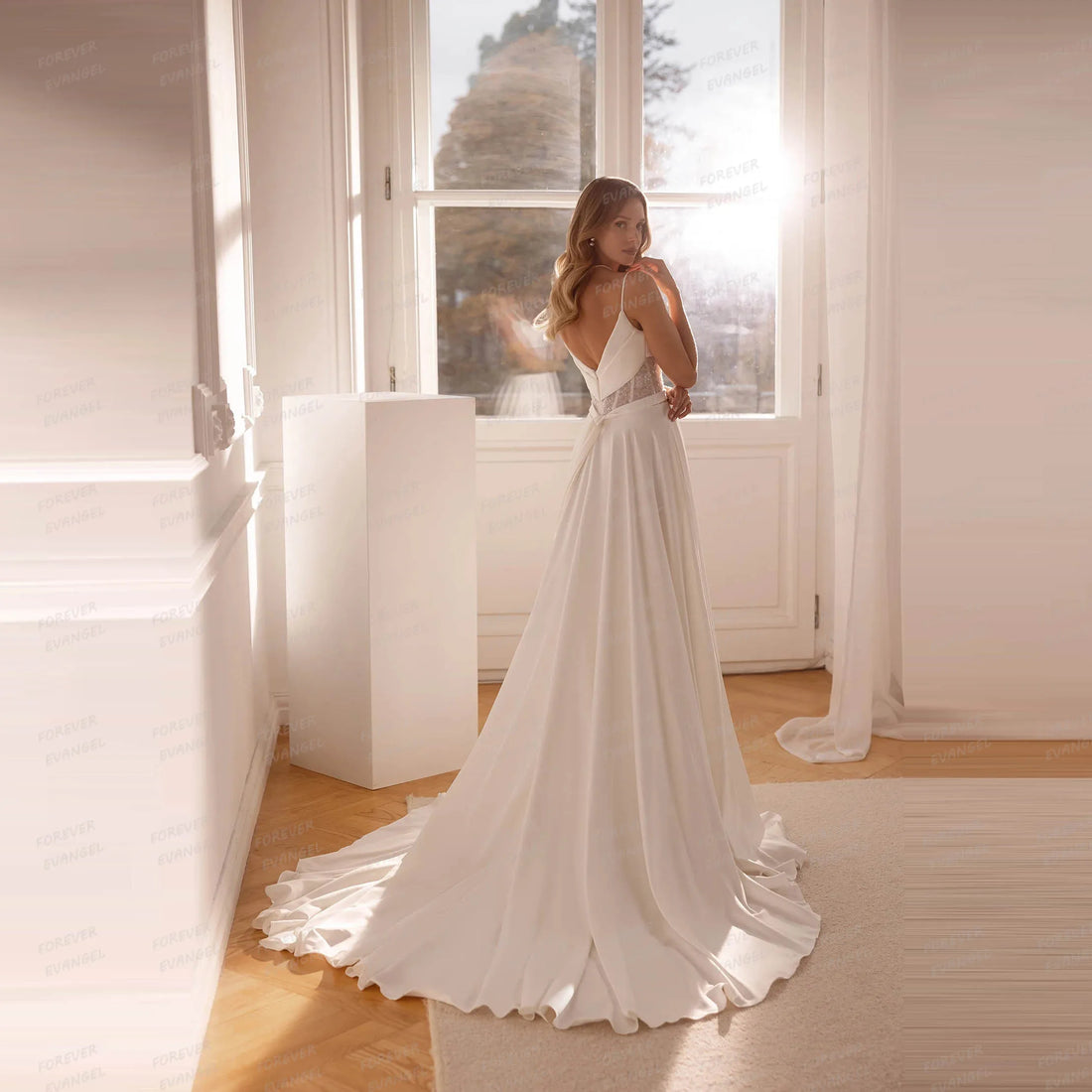 Luxury Wedding Dresses A Line Woman's Boat Neck Sequined Backless Soft Bride Gowns Vestidos De Novia Customized Robe De Mariée