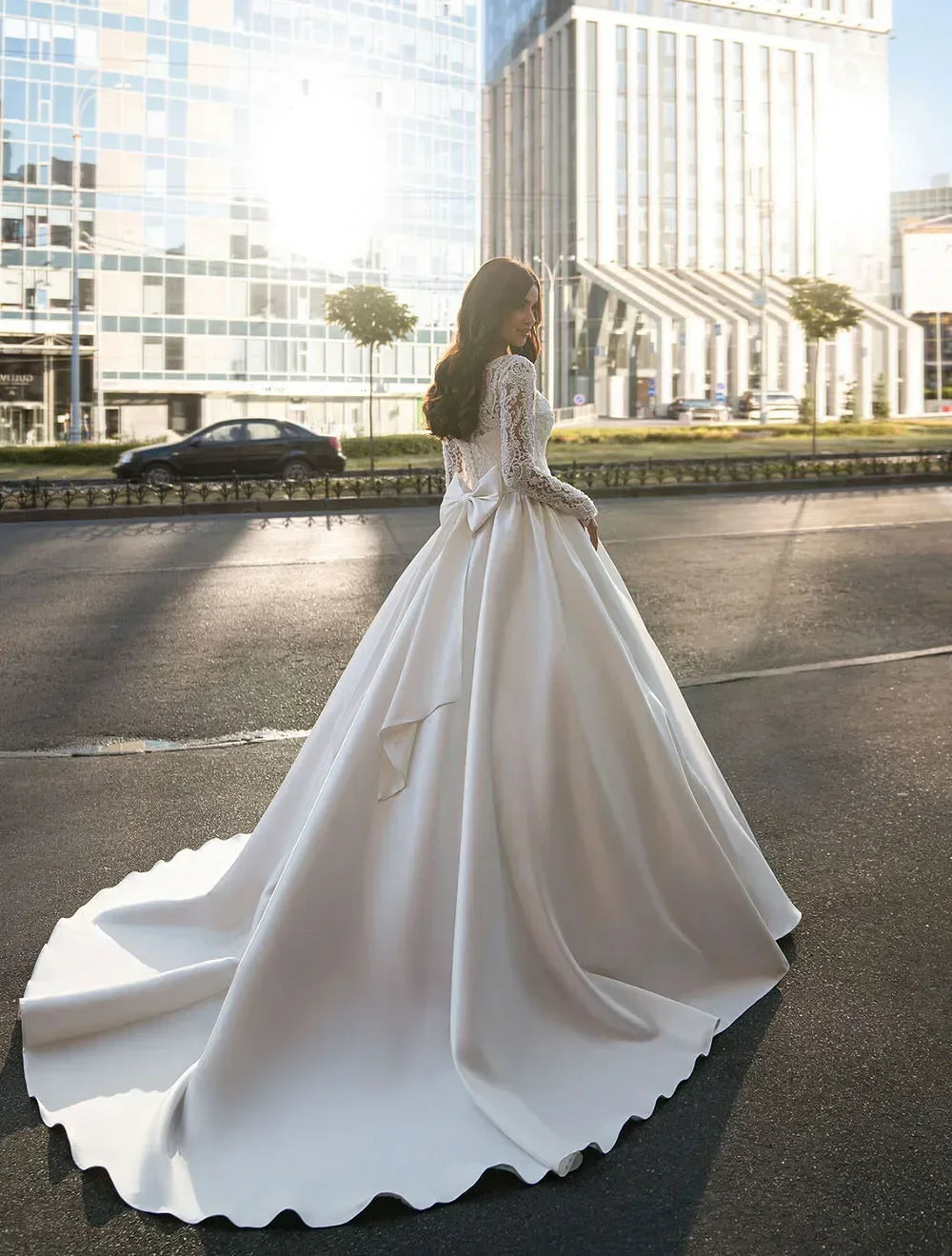 Customized Ball Gown Wedding Dresses Long Sleeves Lace Top Princess Satin With Bow Bride Dress vestido de noiva 2026