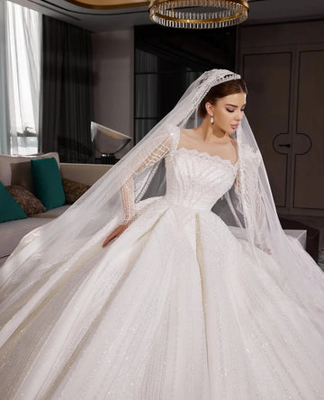 Customized  Luxury White Wedding Dresses Strapless Long Sleeved Puffy kirt Elegant Women's Bridal Dress Vestido de novia