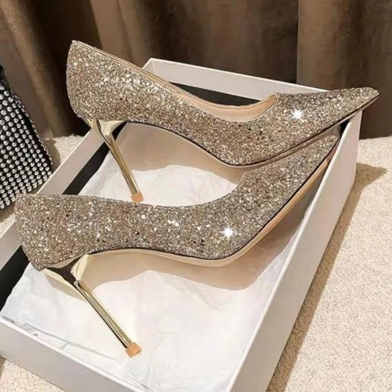 Silver sequins pointed stiletto shallow mouth single work dress women high heel pumps shoes – Pollyanna Events