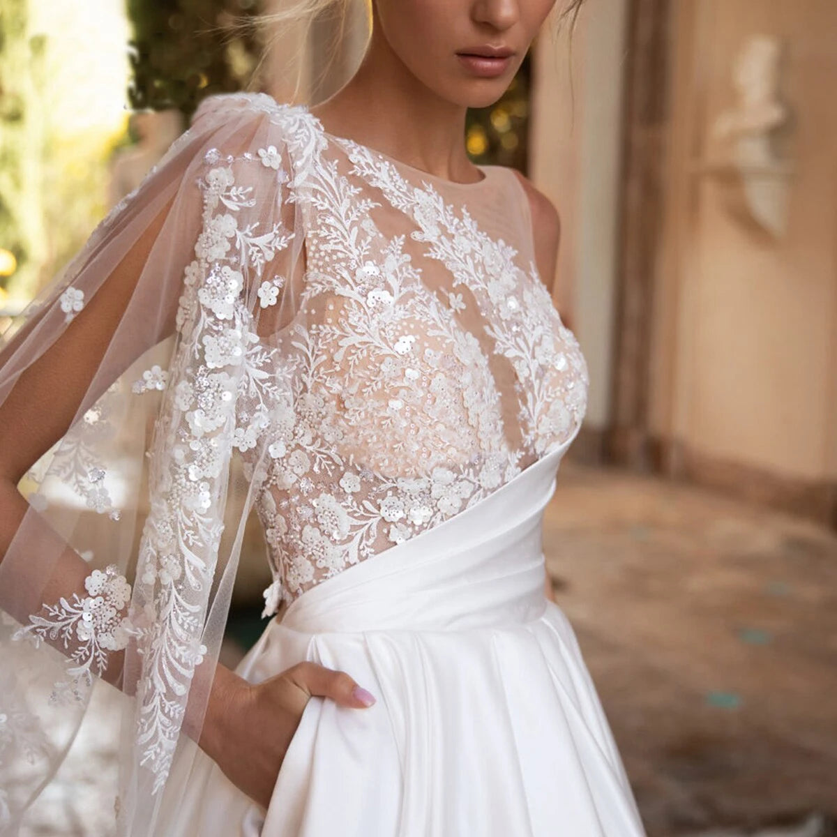 Bohemia  A-line Lace  Backless Wedding Dress With Pocket Strap Ribbon Appliques One Shoulder Bridal Gown O-neck Vestido De Novia