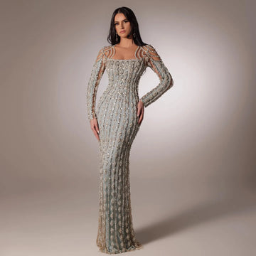 Luxury Arabic Sage Green Dubai Evening Dresses Mermaid Muslim Long Sleeves Islamic Women Wedding  Party Gowns SS398