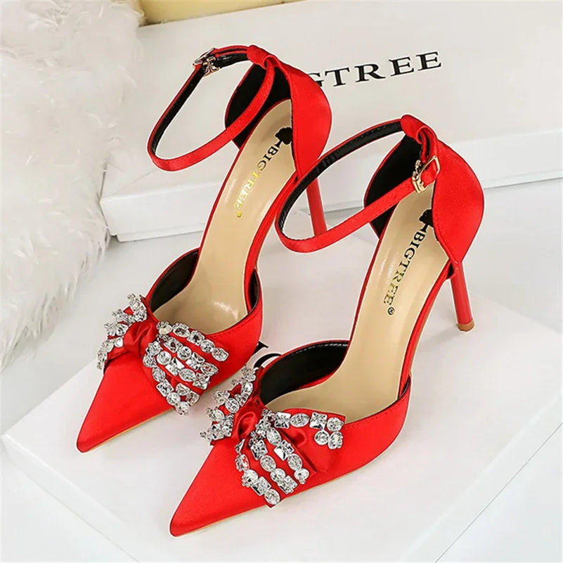 Summer 10cm crystal rhinestone butterfly knot women high heels sandals gold silk satin stripper event – Pollyanna Events