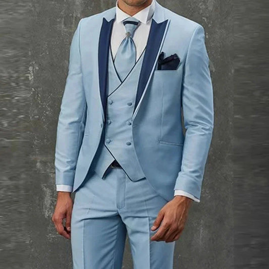 New Fashion Mens suits Slim Fit Sky Blue Tuxedo Men Wedding Suits Groom Men Dress Dinner Beach Party (Jacket+Pants+Vest)