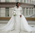 Mermaid plus size African bridal gown long sleeves beaded lace crystals illusion detachable train – Pollyanna Events