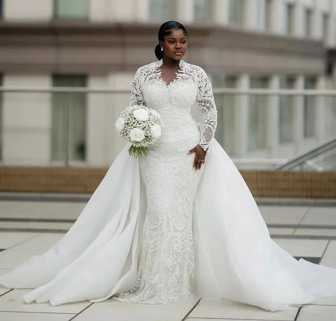 Mermaid plus size African bridal gown long sleeves beaded lace crystals illusion detachable train – Pollyanna Events