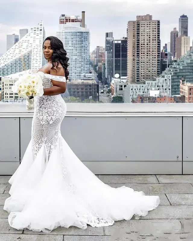 Customized Luxury Mermaid Plus Size Wedding Dresses Lace Floral Off Shoulder Full Length African Nigeria Beach Holiday Bridal