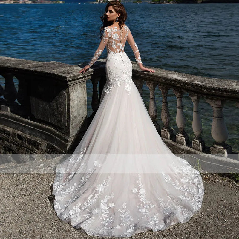 Customized Elegant Mermaid Long Sleeves Wedding Dress For Woman Sexy V-neck Lace Appliques Buttons Bride Gown Vestidos Princess