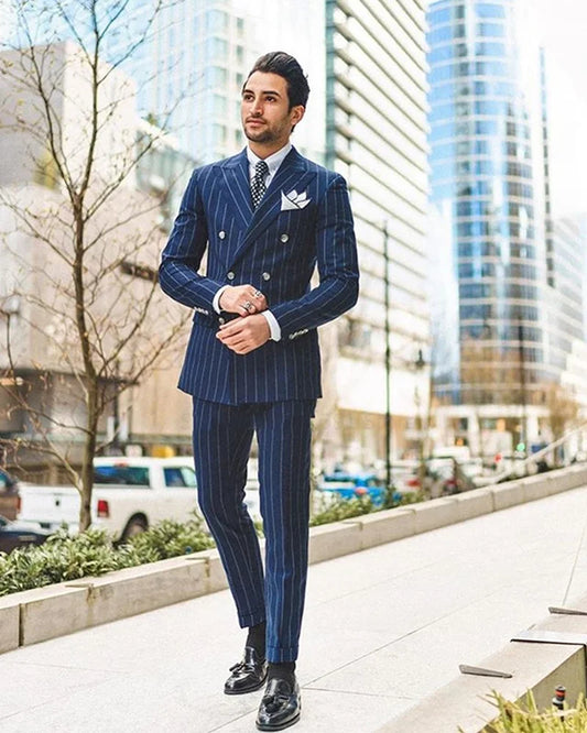 Trajes a rayas azul marino para hombres Fit delgado de doble pecho Buxedos Blazer Blazer Classic Tejer Business Court Coat Pants 2 PCS