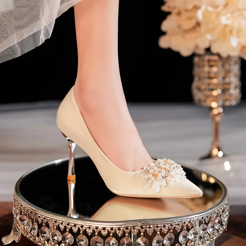Women pearls high heels elegant silk thin heeled wedding shoes slip on pointed toe party dress – Pollyanna Events