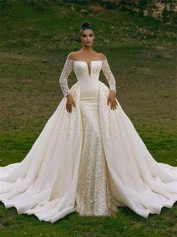 Customized Mermaid Wedding Dress with Detachable Train Long Off Shoulder Sleeves Lace Appliques Luxury Women Bride Dresses