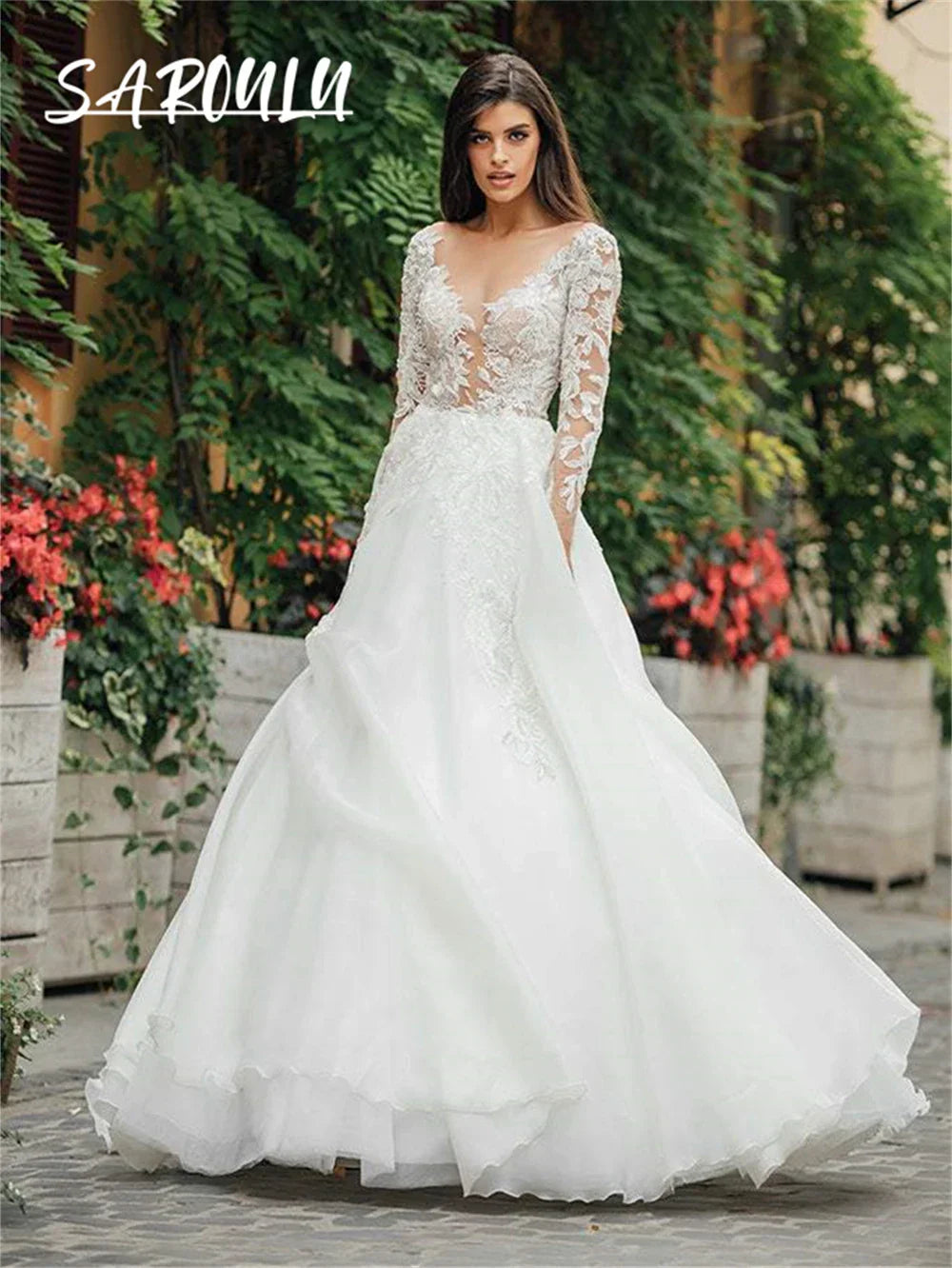 White tulle long sleeves lace appliques sheer neckline button closure custom bridal gown bride dresses – Pollyanna Events