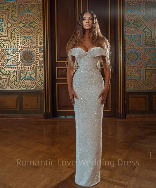 Elegant Sparkling Plus Size Mermaid Wedding Dresses Sequins Floor Length Bridal Gowns Off Shoulder Detachable Wedding Dress