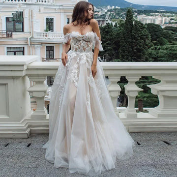 Custom Color Beach Wedding Dress 2024 Lace Appliques Tulle Backless Boho Wedding Gowns Off Shoulder Princess Bridal Dress
