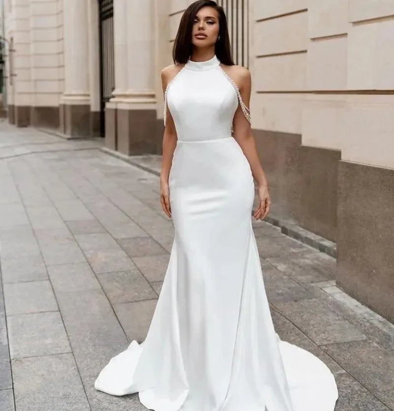 Satin mermaid halter sleeveless open back bridal gown beading elegant wedding dress – Pollyanna Events